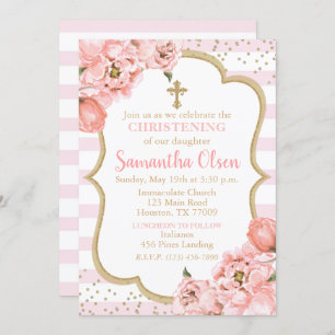 Peonies Blush Pink & Gold Christening Invitation