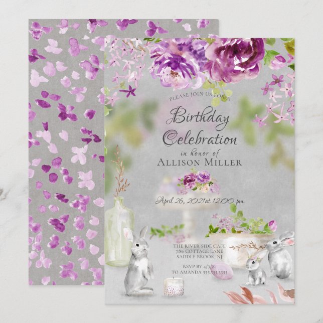 Peonies & Bunny Anniversaire Fête Invitation (Devant / Derrière)