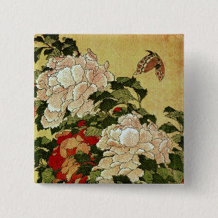 Peonies & Butterflies Hokusai Japanese Fine Art 2 Inch Square Button