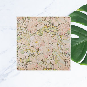 Peonies by Alphonse Mucha Glass Coaster