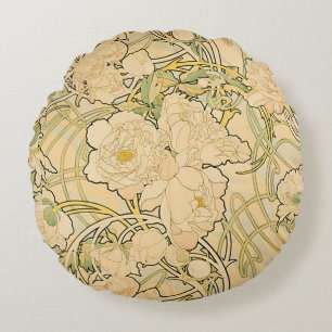 Peonies by Alphonse Mucha Round Pillow