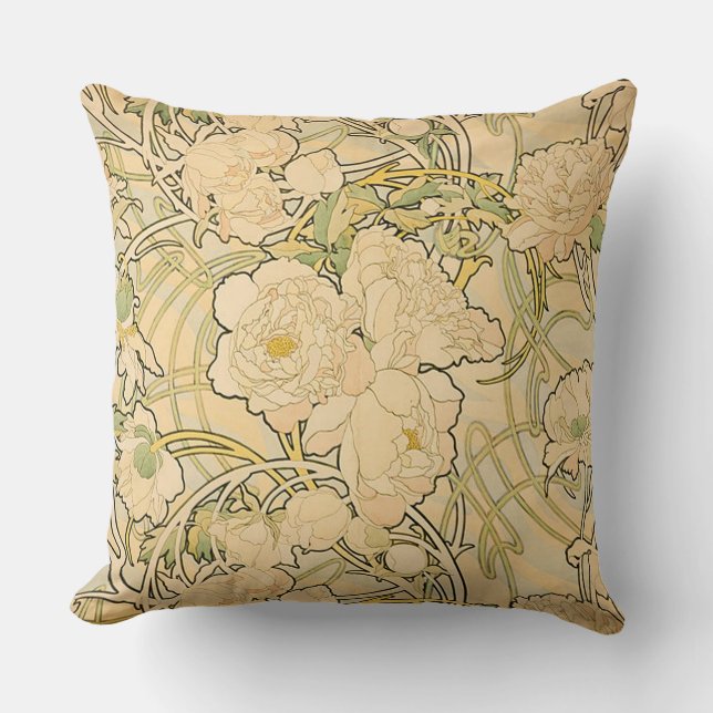 Peonies by Alphonse Mucha Throw Pillow (Front)