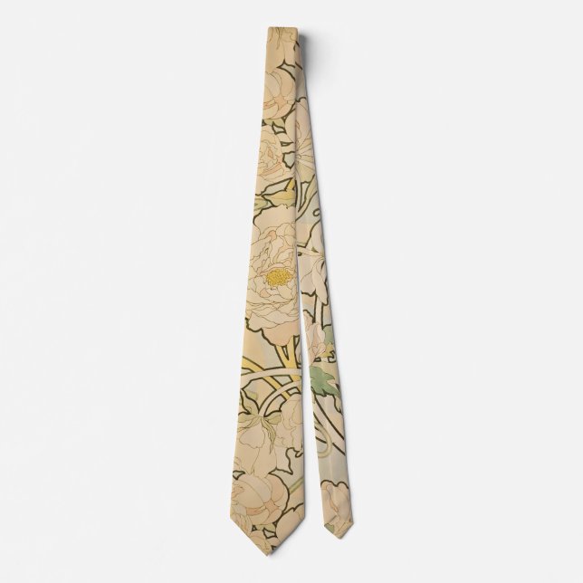 Peonies by Alphonse Mucha, Vintage Art Nouveau Tie (Front)