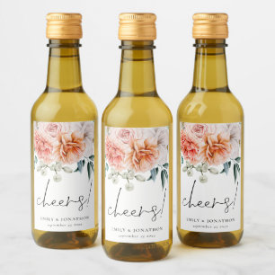 Peonies Coral Peach Florals Cheers Wedding Favour Wine Label