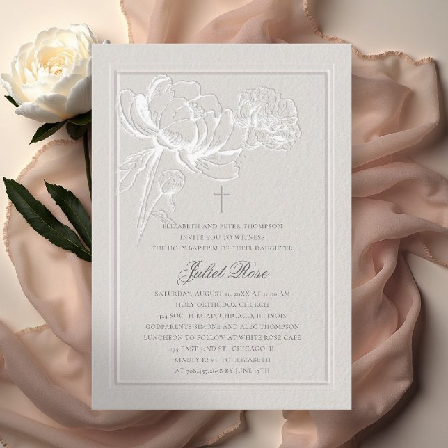 Peonies Elegant Frame Cross Modern Ecru Baptism Invitation (baptism invitation party card formal elegant double frame cross peony floral sketch ecru template)