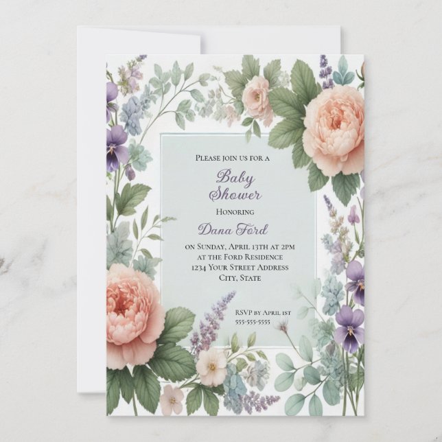 Peonies et Violetes Baby shower Invitation (Devant)
