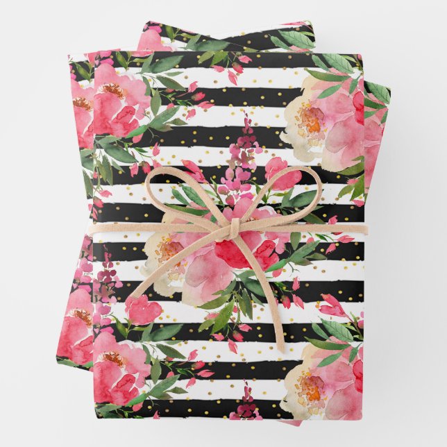 Peonies Floral Black White Stripes Wrapping Paper Sheet (In situ)