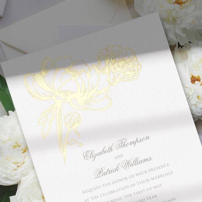 Peonies Floral Gold Formal Elegant Wedding (peony wedding invitation formal traditional gold foil calligraphy modern classic)