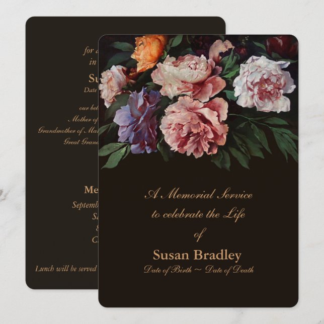 Peonies Floral Painting 2 Memorial Service Invitation (Front/Back)