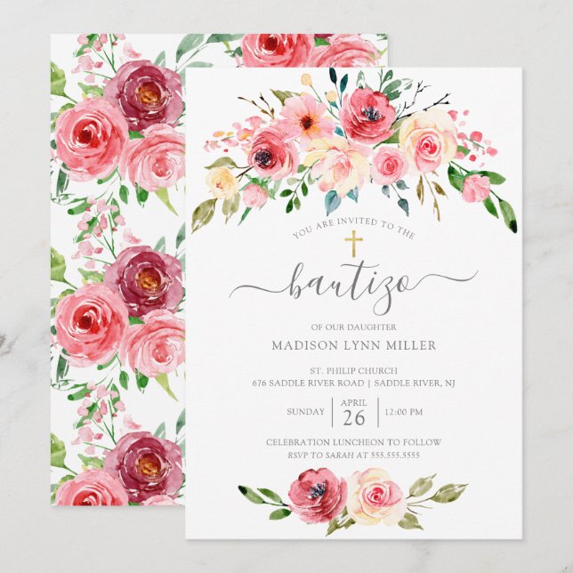 Peonies Floral Spanish Baptism Invitation (Front/Back)