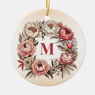 Peonies Floral Wreath with Personalized Monogram Ceramic Ornament