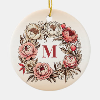 Peonies Floral Wreath with Personalized Monogram Ceramic Ornament