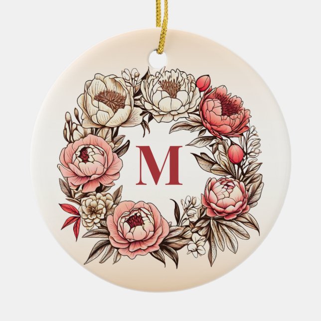 Peonies Floral Wreath with Personalized Monogram Ceramic Ornament (Front)