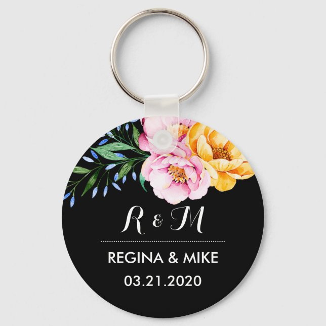 Peonies Flower Spring Wedding Monogram Keychain (Front)