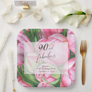 Peonies flowers 90th Birthday Party  Paper Plate