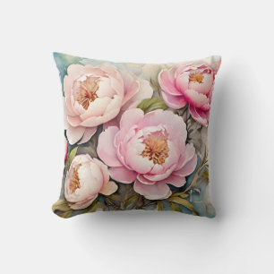 Peonies Flowers Pastel Watercolor Spring Throw Pillow