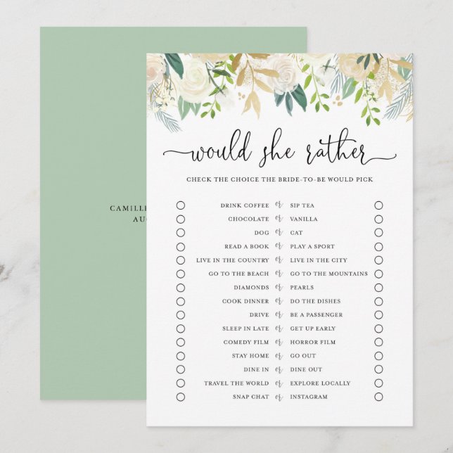 Peonies Gold Glitter Would Bride Rather Game Card (Front/Back)