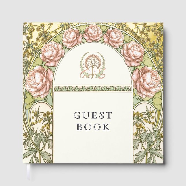 Peonies Gold Wedding Art Nouveau Guest Book (Front)