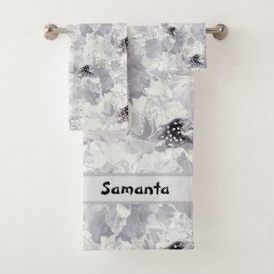 Peonies, grey and white, floral, white flowers bath towel set