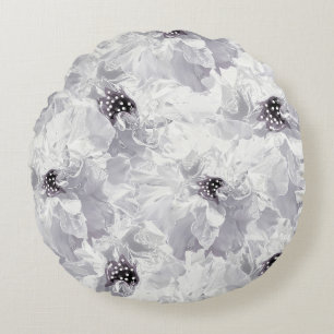 Peonies, grey and white, floral, white flowers round pillow