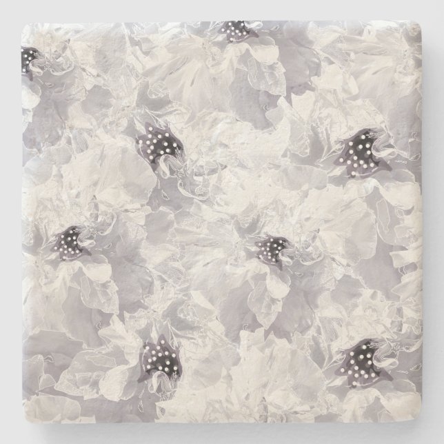 Peonies, grey and white, floral, white flowers stone coaster (Front)