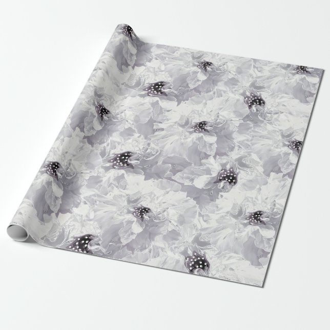 Peonies, grey and white, floral, white flowers wrapping paper (Unrolled)