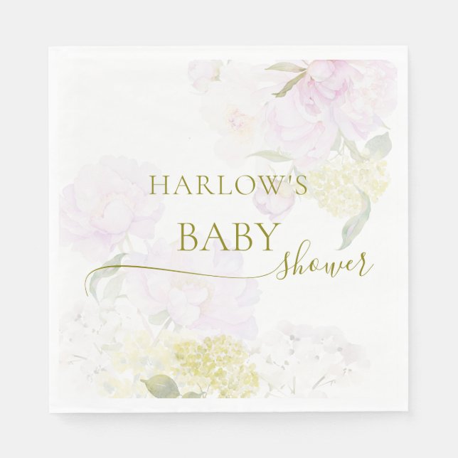 Peonies Hydrangea Pastel Watercolor Baby Shower Napkin (Front)