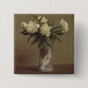 Peonies in a Blue and White Vase 2 Inch Square Button