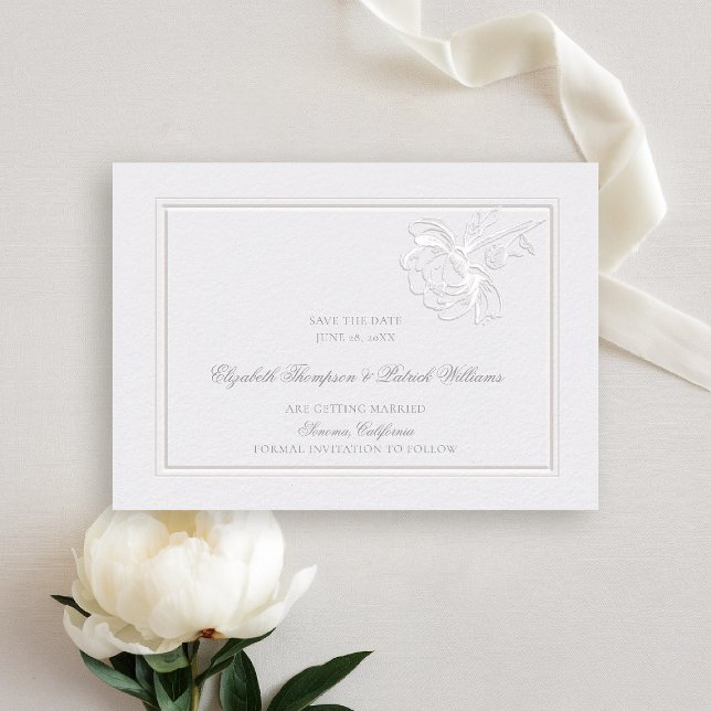 Peonies Ivory Classic Frame Formal Elegant Wedding Save The Date (peony wedding save the date formal modern classic frame traditional calligraphy faux embossed ivory)