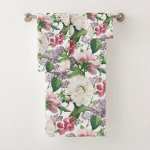 Peonies & Lilacs Flower Garden Watercolor Pattern Bath Towel Set