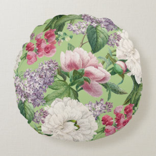 Peonies & Lilacs Flower Garden Watercolor Pattern Round Pillow