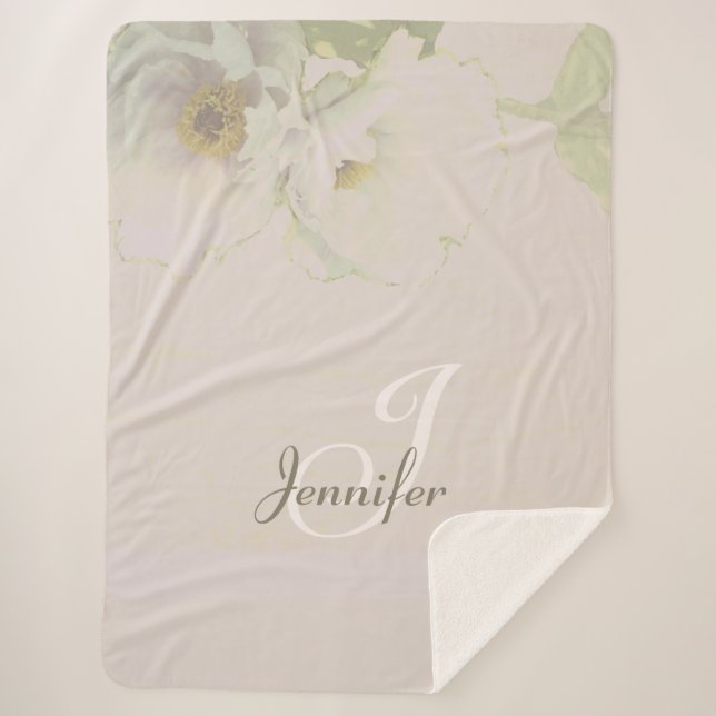Peonies Mauve Monogram Sherpa Blanket (Front)
