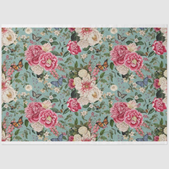 Peonies on woven aqua background tissue paper (Front)