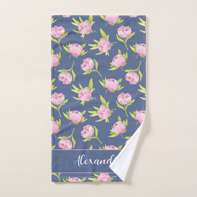 Peonies Pattern with Custom Name Round Pillow Bath Towel Set (Hand Towel)