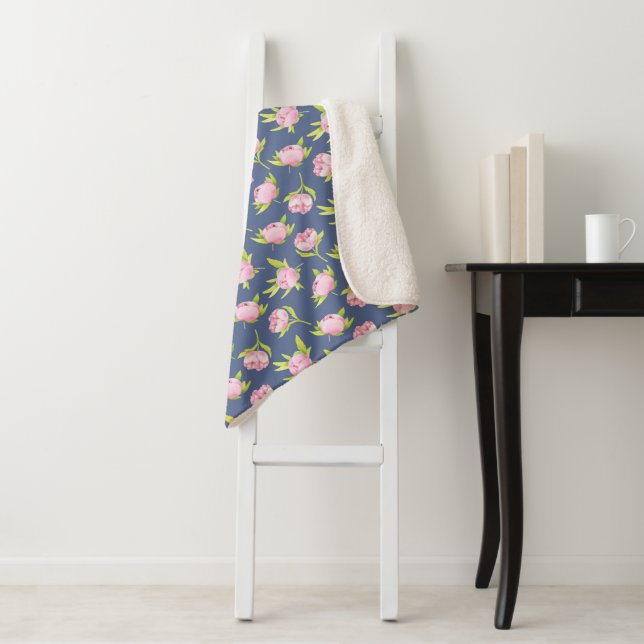 Peonies Pattern with Custom Name Sherpa Blanket (In Situ)