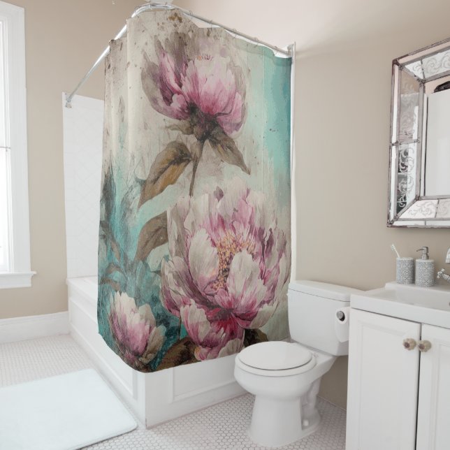 Peonies peintes - Rideau de douche (En situation)