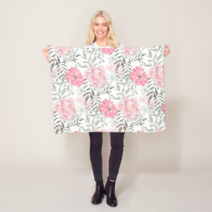 Peonies pink rose flowers  fleece blanket