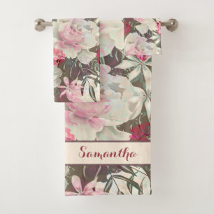 Peonies pink rose flowers flower garden bouquet bath towel set