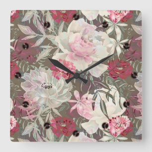 Peonies pink rose flowers flower garden bouquet square wall clock