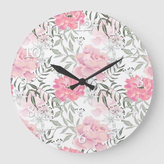 Peonies pink rose flowers large clock (Front)