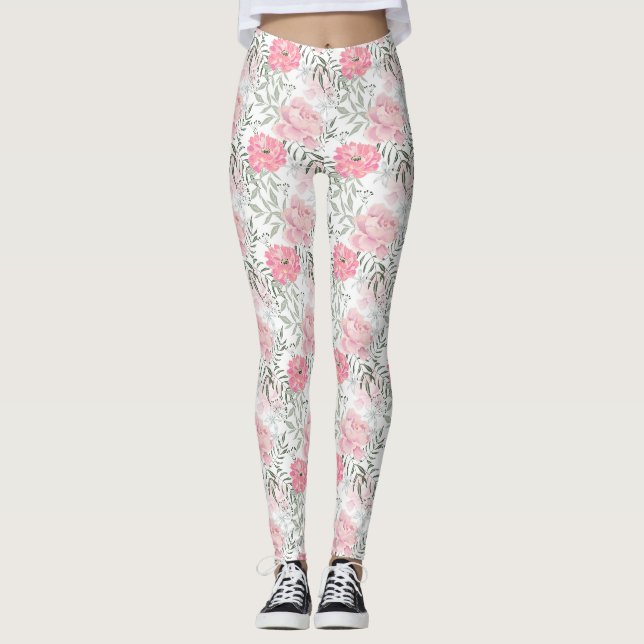 Peonies pink rose flowers leggings (Front)