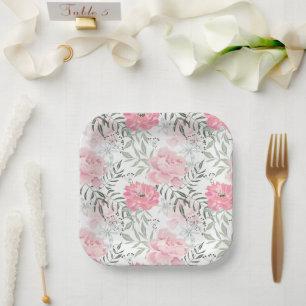 Peonies pink rose flowers paper plate