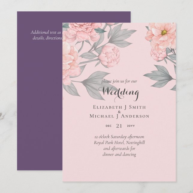PEONIES Pink Sage Peach Mariage BUDGET Invitation (Devant / Derrière)