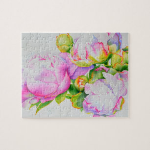 Peonies, pink, white, floral watercolor painting jigsaw puzzle