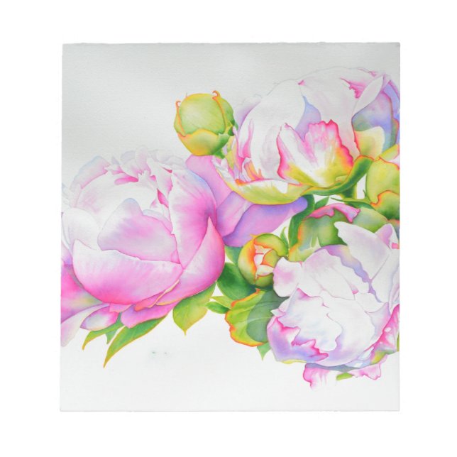 Peonies, pink, white, floral watercolor painting notepad (Front)