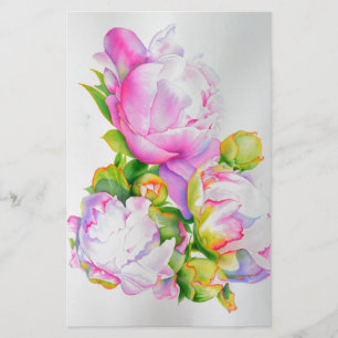 Peonies, pink, white, floral watercolor painting stationery