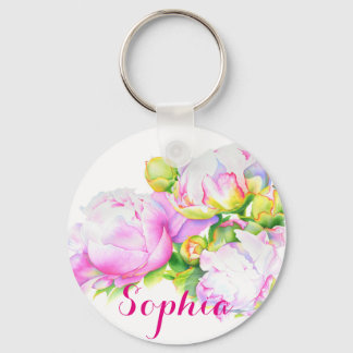 Peonies, pink, white, watercolor floral painting keychain