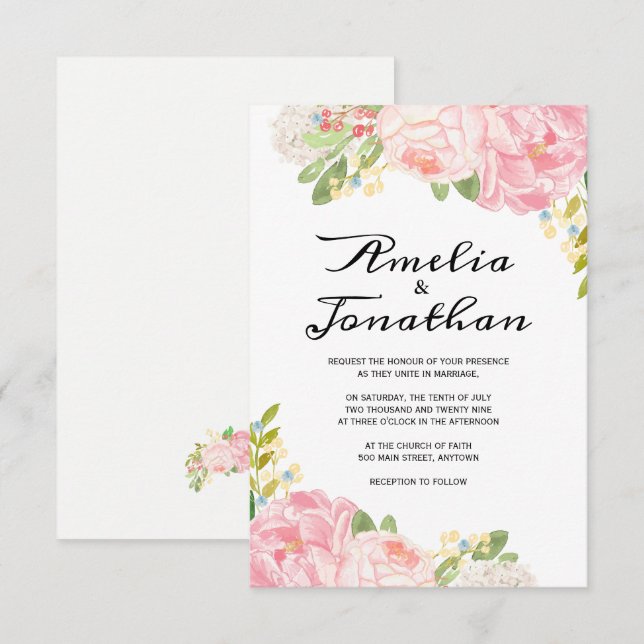 Peonies romantiques et invitations de mariage Hydr (Devant / Derrière)