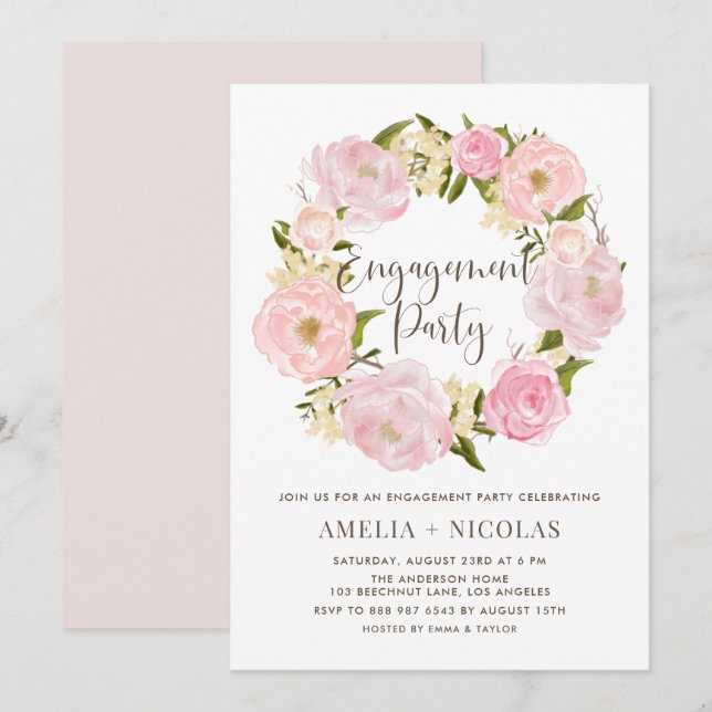 Peonies romantiques Wreath Invitation Fiançailles (Devant / Derrière)