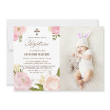 Peonies rose Aquarelle Photo Baptême Invitation